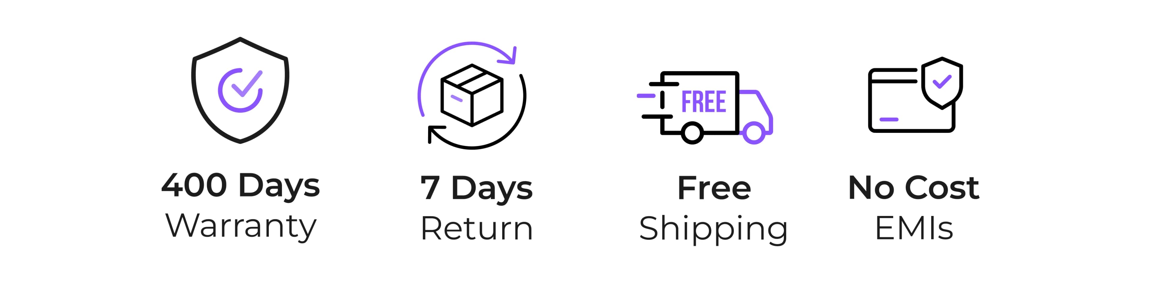 400 Days Warranty · 7 Days Return · Free Shipping · No Cost EMIs