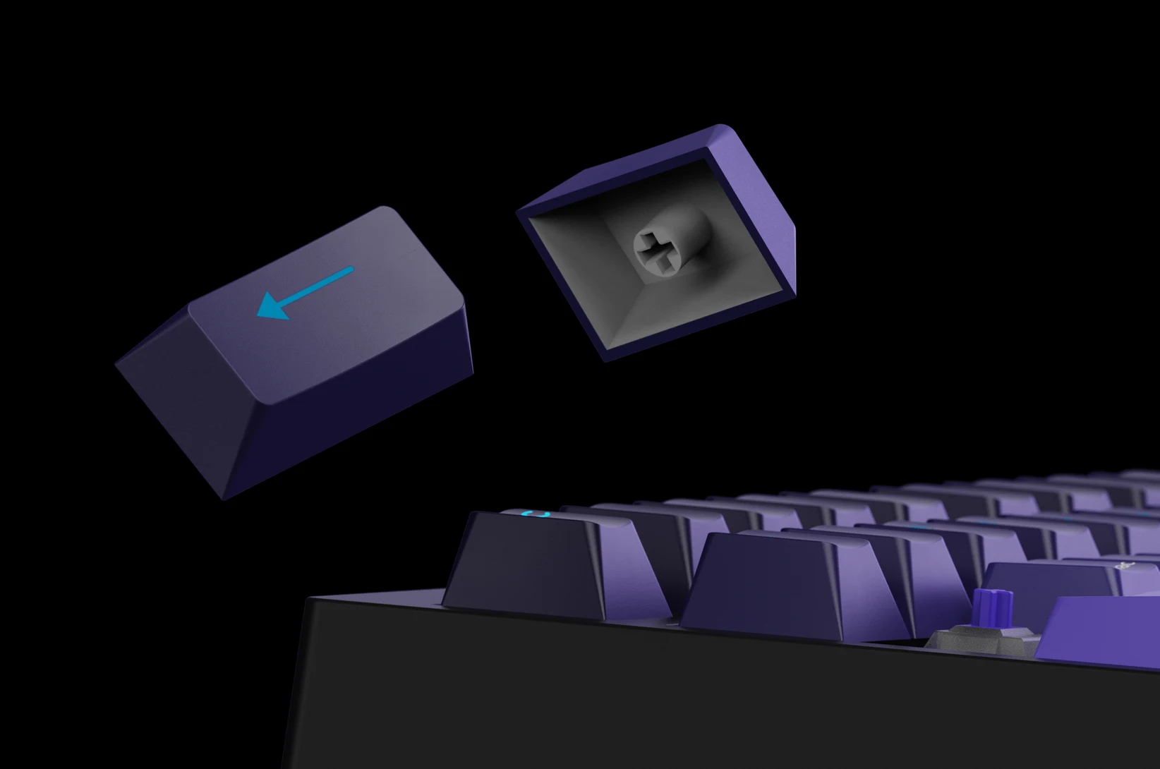 Two Swarm 75 keycaps floating above the board, one turned to show its stem