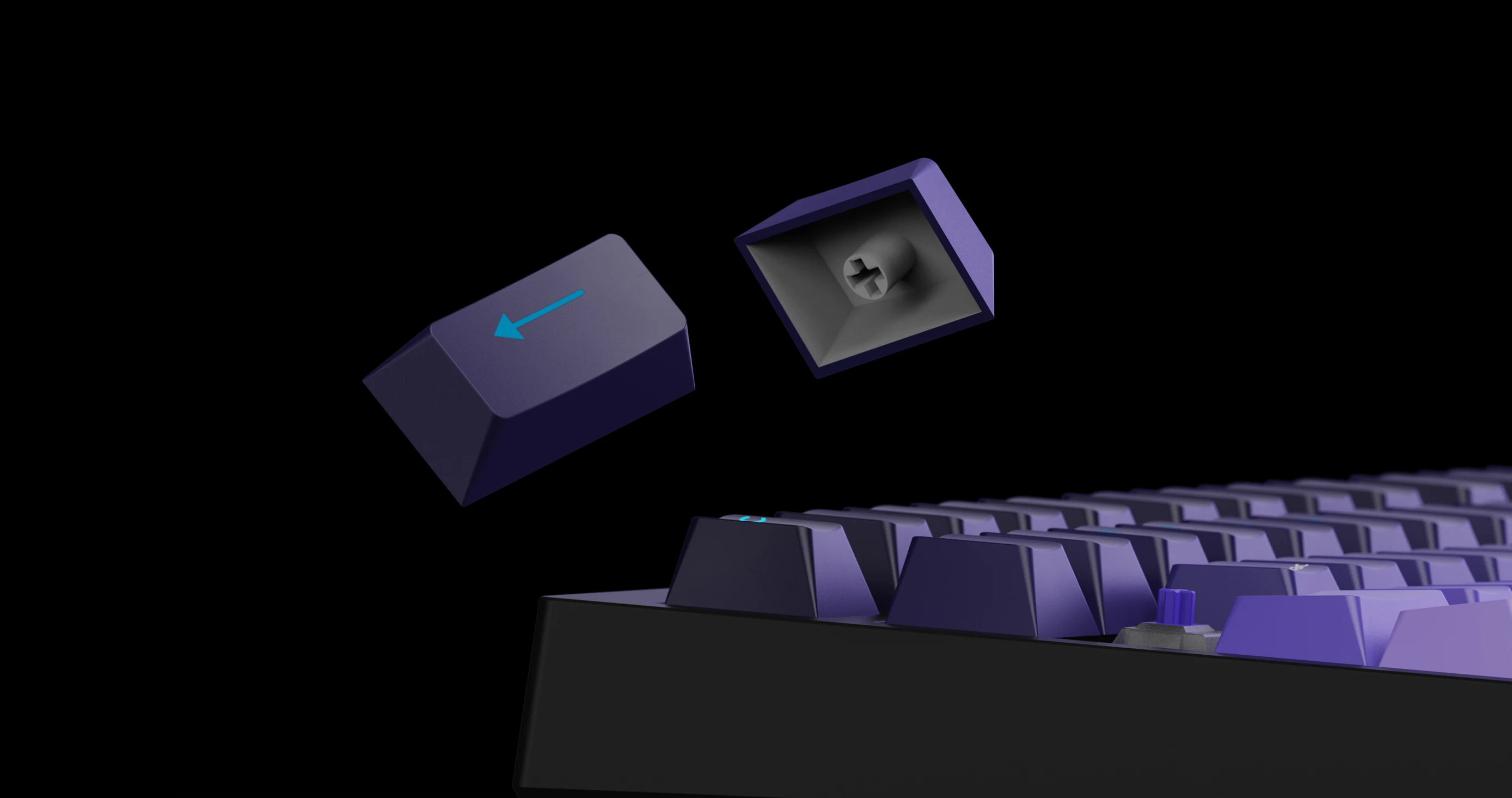 Two Swarm 75 keycaps floating above the board, one turned to show its stem